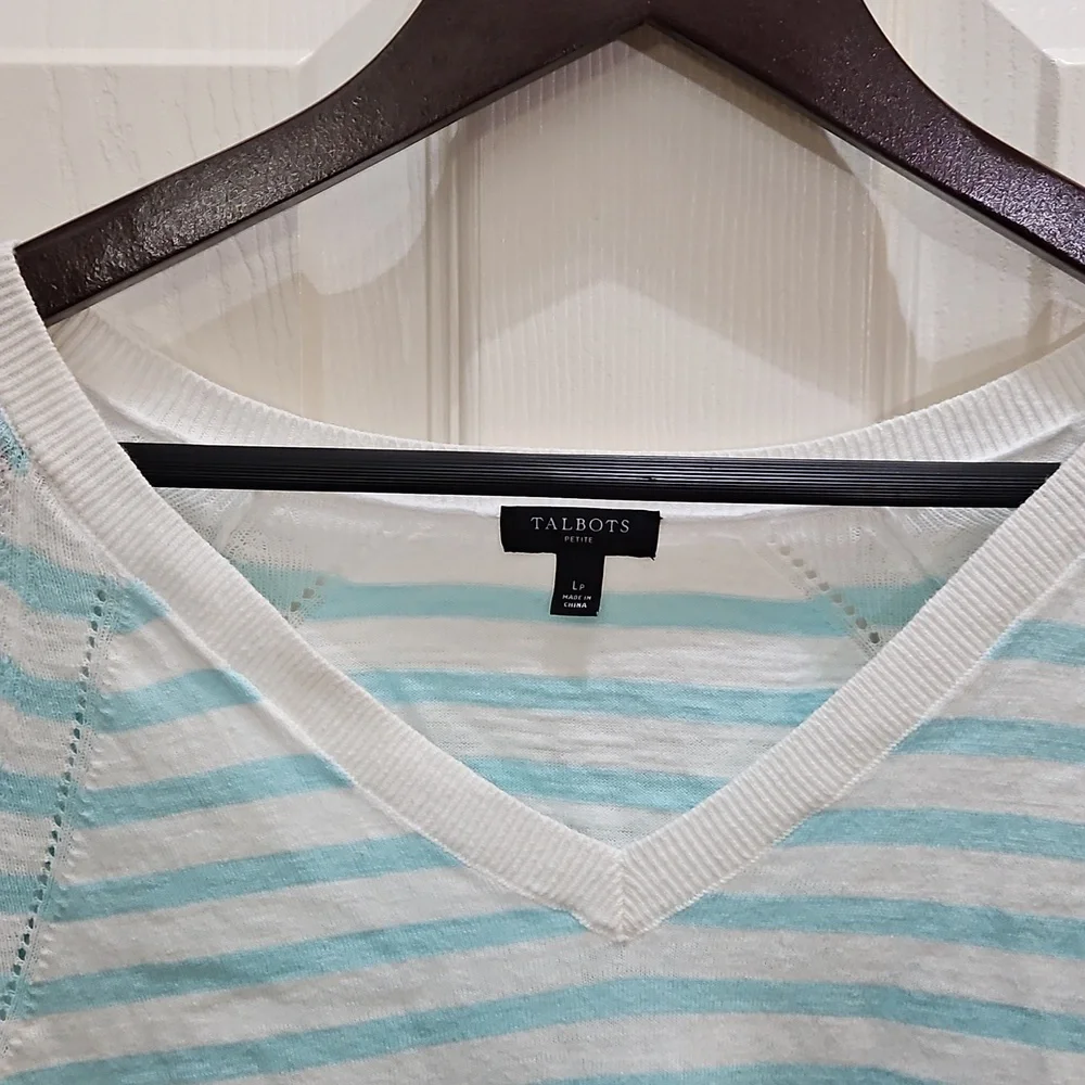 Talbots White Striped Vneck Pullover Sweater Petite Sz Lg